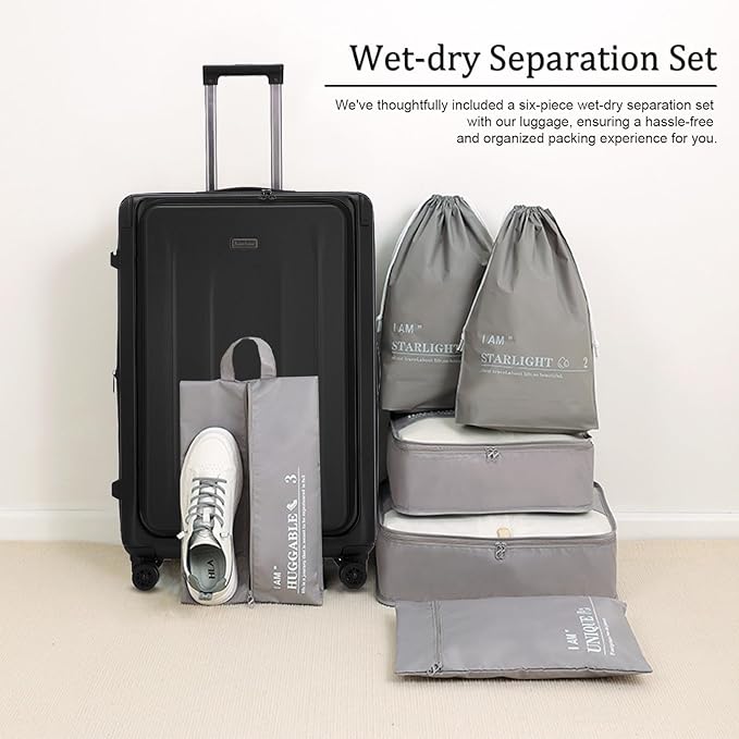 Carry On Luggage, 20 Inch Top Opening Aluminum Frame Lightweight Airline Approved ABS+PC Hard Shell Suitcases with Silent Wheels, TSA Lock, Front Pocket & Wet-dry Separated Six-piece Set (20IN, Black)