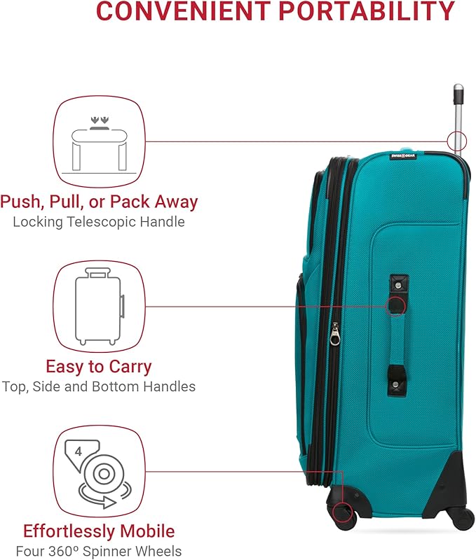 SWISSGEAR Sion Softside Expandable Spinner Luggage Durable Lightweight Travel Suitcase, Teal, Checked-Large 29-Inch