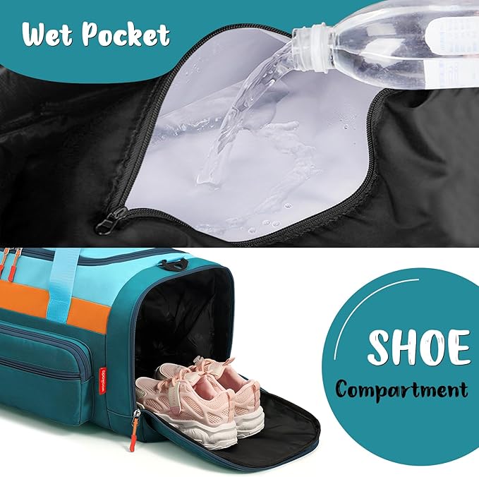 WOOMADA Kids Duffle Bag for Boys or Girls,Weekender Overnight Bag with Shoe Compartment & Wet Pocket Perfect For School, Sports, Overnight Trips(Teal Blue)