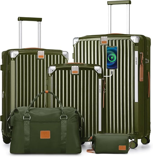 Joyway 5 Piece Luggage Set with Cup Holder, Expandable 25% Capacity, Includes Handbag, Anti Slip Wheels, Hook, Smart Carry On Suitcase for Men and Women, Spinner Travel DarkGreen