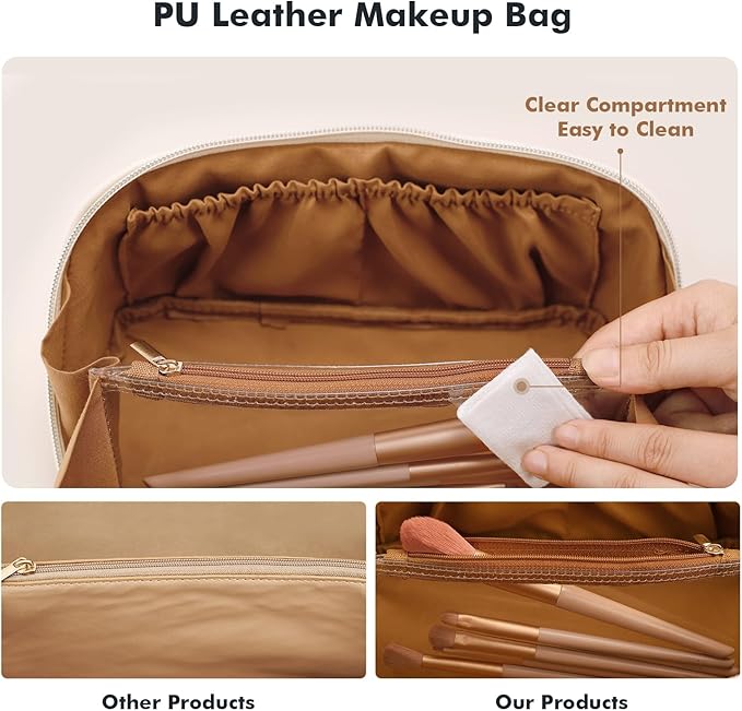 Prite Makeup Bag for Women Travel Waterproof Vegan Leather Cosmetic Bag Open Flat Toiletry Bag With Clear Divider and Handle (Brown)