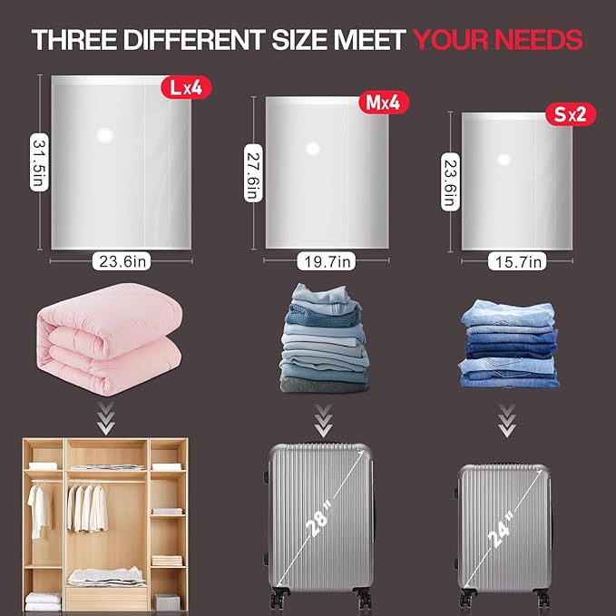 Vacuum Storage Bags for Travel, 10 Pack Vacuum Seal Bags for Clothing Travel, Compression Packing Kit with High Pressure Electric Pump, Space Bags for Clothes Luggage Traveling
