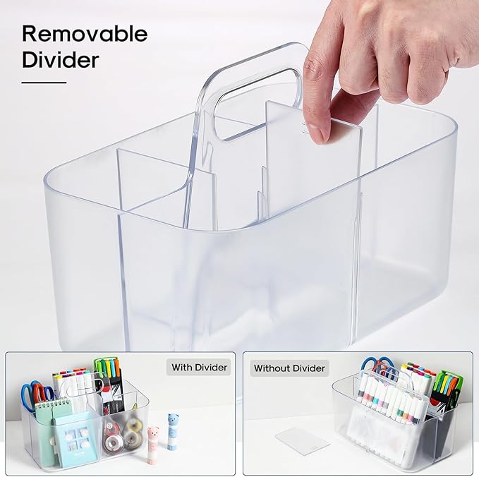 Multiuse Caddy Organizer with Handle, Portable Plastic Tote Bin - Art Craft, Stationary Pen Marker Crayons, Makeup Hair Supplies Storage - Bathroom, Classroom, Dorm, Office, Desk Holder -Frosted Clear