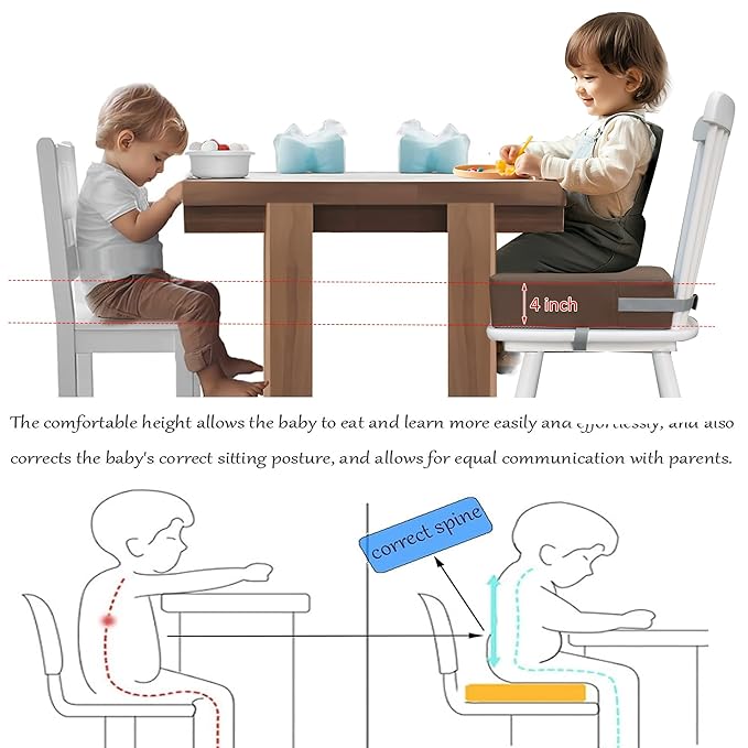 Toddler Booster Seat Dining Table Kitchen Chair, Waterproof Anti-Scratch PU Cushion, Non-Slip Bottom, Adjustable Buckle Straps, Easy Clean Portable Seat Cushion (Dark Brown)