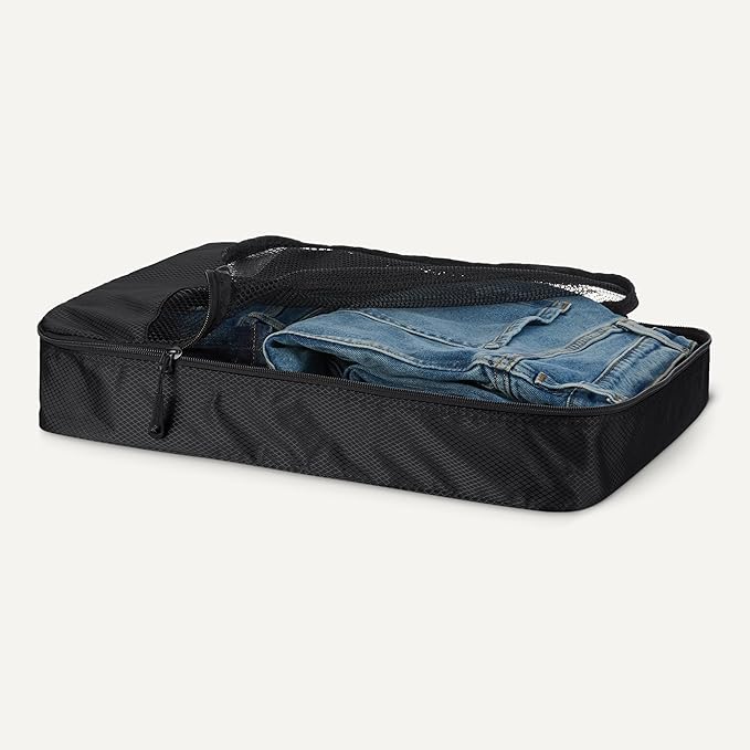 Amazon Essentials 4-Piece Packing Cubes Travel Accessories Set, Luggage Organizer with Double Zipper, Mesh Top, Space-Saving, Large, Black (Previously Amazon Basics)