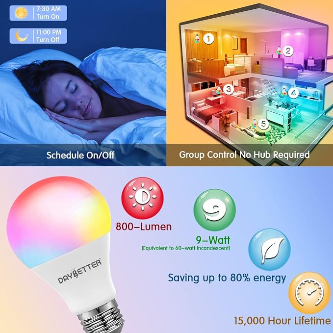 DAYBETTER Smart Light Bulbs,Alexa Light Bulb,WiFi Color Changing Light Bulb | Smart Bulb that Work with Alexa and Google Assistant,Dimmable,Music Sync LED Light Bulb,RGBCW Colors,A19 E26 9W 810LM,2 Pack