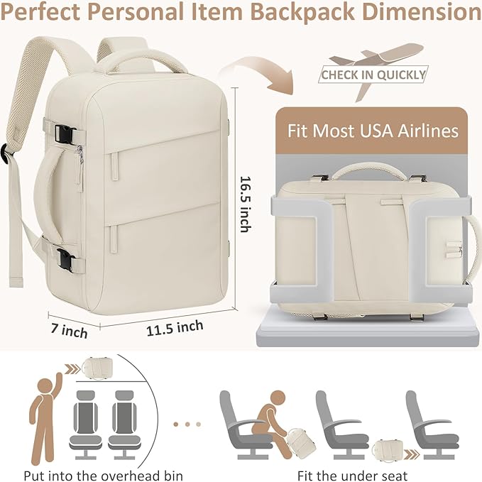 Carry on Backpack for Women TSA Approved 15.6 Inch Travel Laptop Backpack for Women Travel Essentials Foldable Womens Travel Backpack Suitcase Beige
