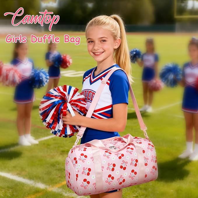 CAMTOP Kids Duffel Overnight Bag Boys Girls Toddler Weekender Carry-On Personalized Tote for Travel Gym Sport (B-Pink Cherry)