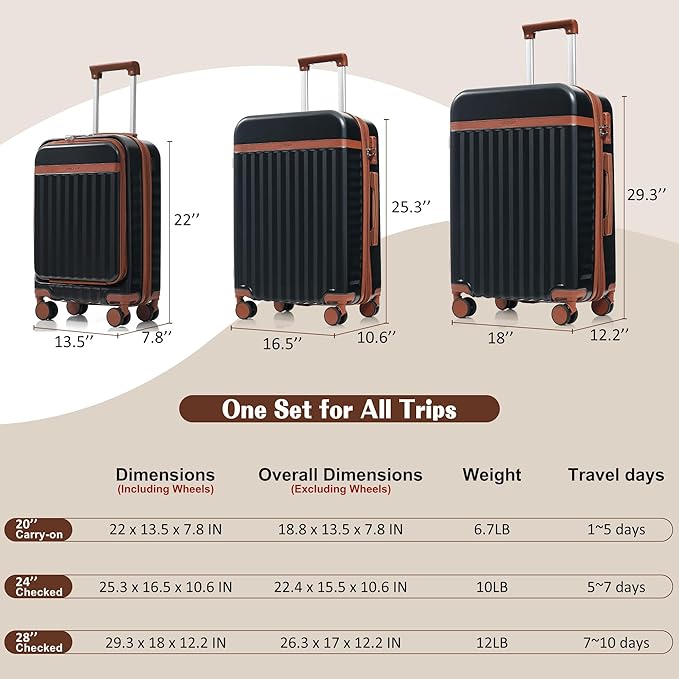 Hardshell Luggage, Lightweight Suitcase with Spinner Wheels, BLACK+USB