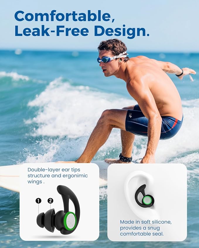 Ear Plugs for Swimming – 2 Pairs Soft Silicone Reusable Waterproof Earplugs for Adults & Men Women, Custom Fit for Swimmers Ear, Pool, Beach, Snorkeling, Surfing, Kickboard Training(Black)