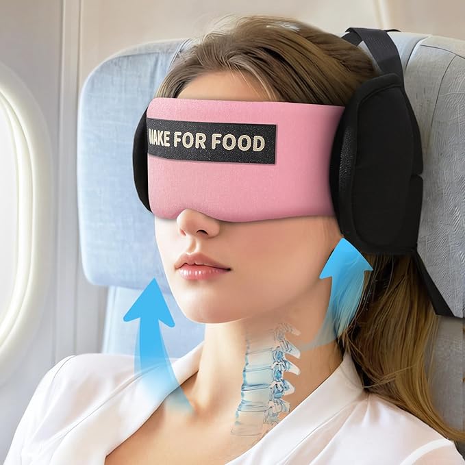 Travel Pillows for Airplanes, Airplane Pillow for Long Flights Sleeping with Eye Mask, 360° Support Plane Head Strap Compact Travel Essentials for Air Travel Sleep Neck Upright, Stop Bobblehead (Pink)