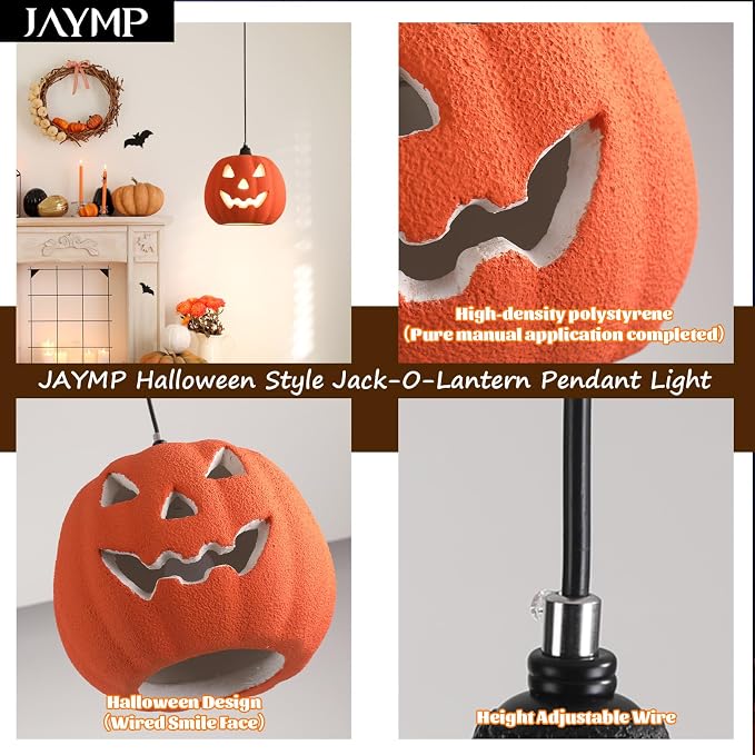 JAYMP Halloween Light Up Pumpkin Pendant Light, Jack O Lantern, Living Dining Room Hanging Lamp E26 Base Lighting Fixture (Orange, 12.6in Small Size)