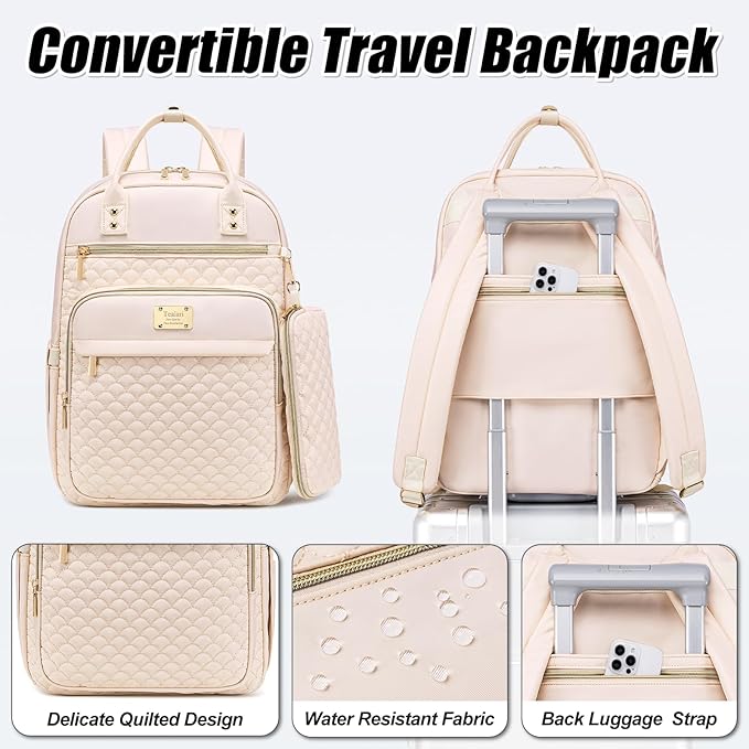 Tealari Laptop Backpack for Women,15.6 Inch Laptop Backpack for Work,Water Resistant Travel Backpack,College Bookbag with Wallet (Beige)