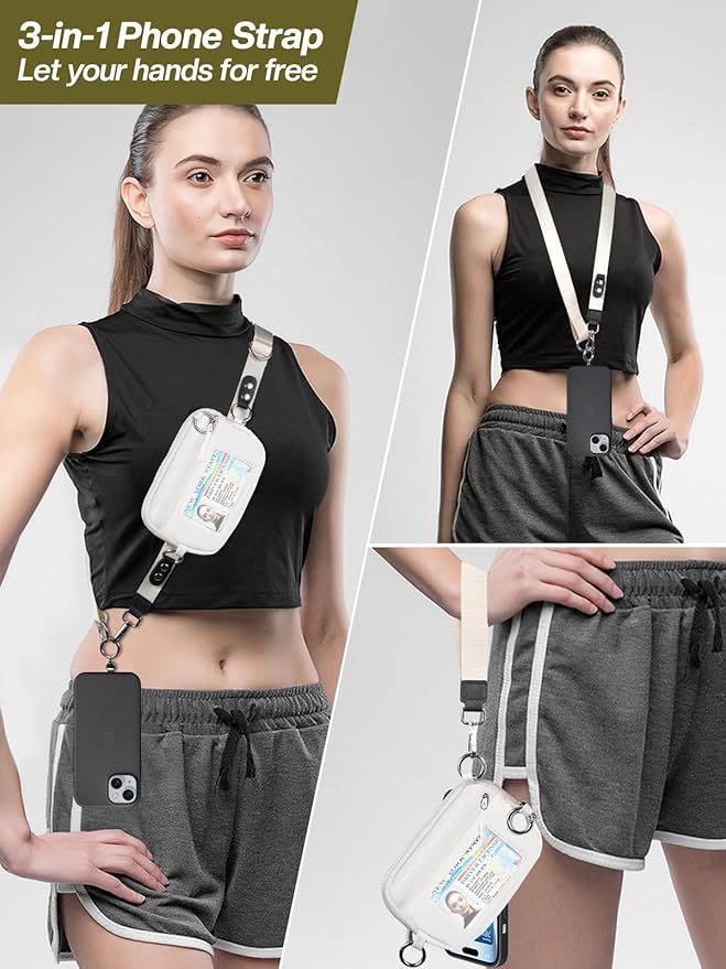 Tiostep Clip and Go Strap for Phone with Wallet Crossbody Phone Lanyard Adjustable and Detachable RFID Wristlet Wallet with ID Window and Zipper, Cream
