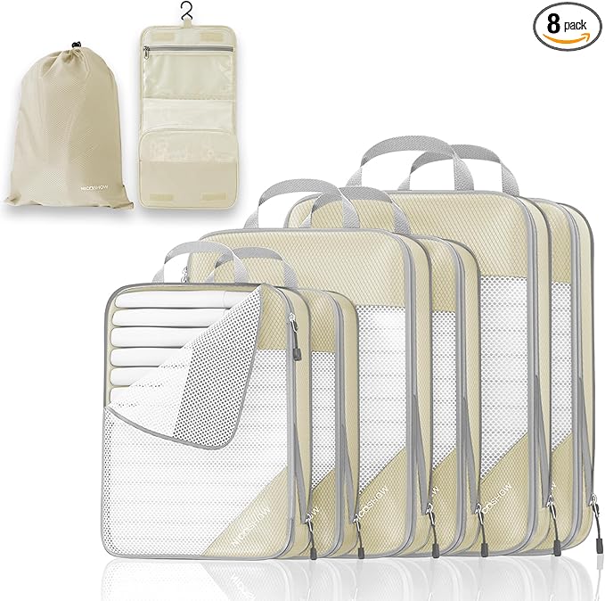 Compression Packing Cubes 8 Set, Compressible Space-Saving Packing Cubes for Travel - Compression Bags, Luggage Organizer, Travel Essentials for Women, Beige