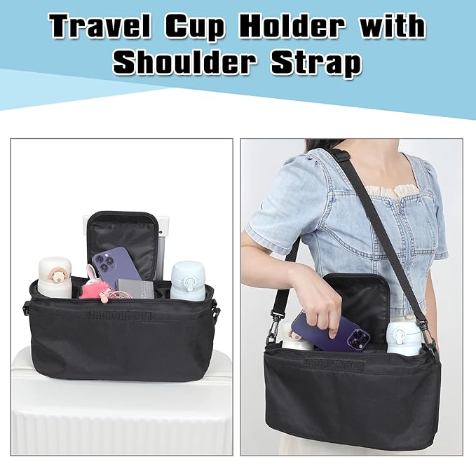 Vigorport Waterproof Luggage Travel Cup Holder, Free Hand Drink Carrier with Storage Bag, Coffee Mug Holders for Suitcases, Travel Accessories for Men Women, Flight Attendant Essentials