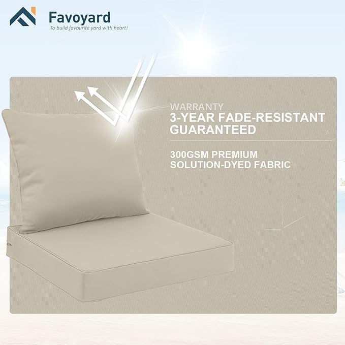 Favoyard Outdoor Seat Cushion Set 22 x 22 Inch Waterproof & Fade Resistant Patio Furniture Cushions with Removable Cover Deep Seat & Back Cushion with Tie Straps for Chair Sofa Couch