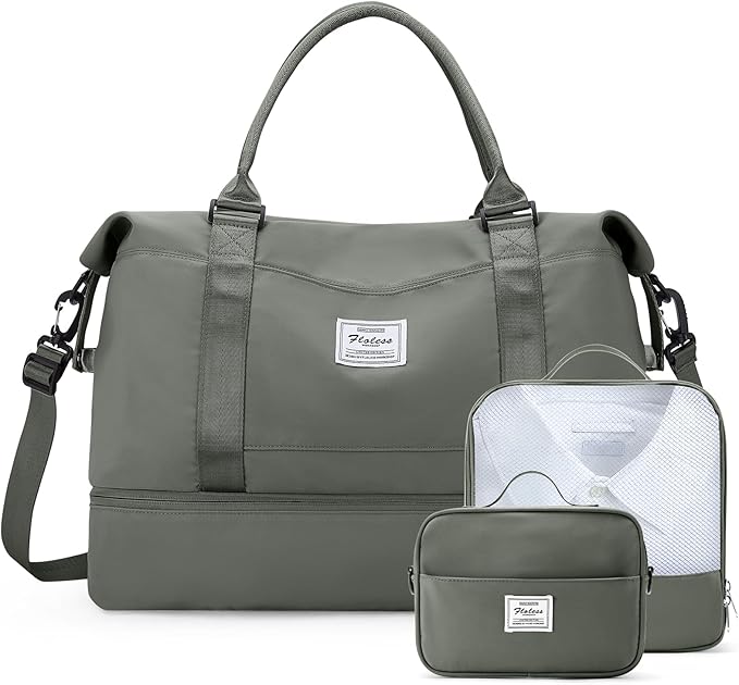 Weekender Bags for Women,Travel Duffle Overnight Bag with Shoe Compartment,Personal Item Carry On Bag,Olive Green Extra Large,3 Pcs Set