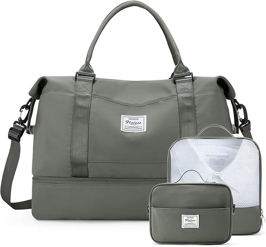Weekender Bags for Women,Travel Duffle Overnight Bag with Shoe Compartment,Personal Item Carry On Bag,Olive Green Extra Large,3 Pcs Set