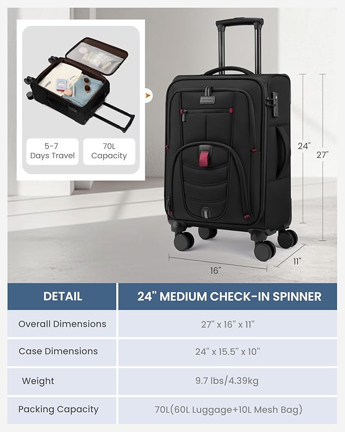 LOVEVOOK Business Softside Checked Luggage with 15.6/17.3 Inch Laptop Compartment, 24 Inch Checked Suitcase with Spinner Wheels, Large Capacity Luggage with TSA Lock for Business Trip Travel, Black