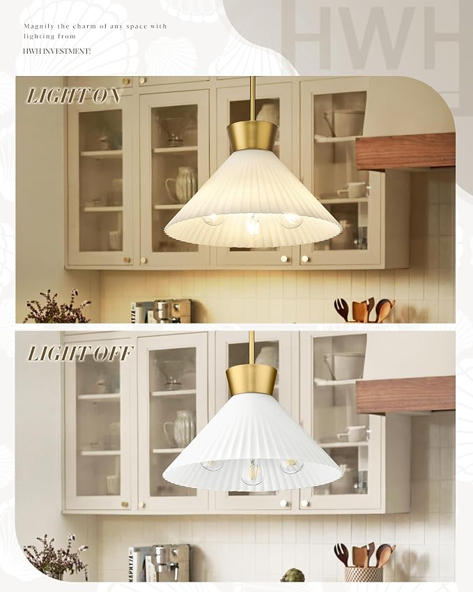 HWH 16-Inch Large Island Lighting, Frosted Striped Glass, 5HZG98MIL-M BG | 3 Light, Max 60W Each, ETL Listed, Sloped Ceiling Compatible, Adjustable Hanging Height, For Dinning Room Schoolhouse