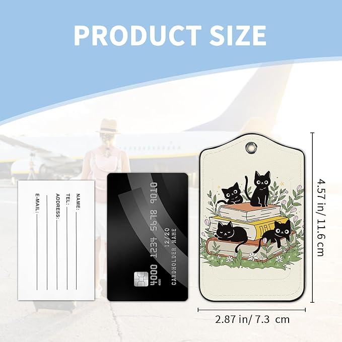 2 Pcs Luggage Tag for Suitcases, Black Cat Book Cute PU Leather Suitcase Tag Privacy Cover ID Label with Metal Loop, Personalized Baggage Identifier for Women Cruise Bag Travel Essentials