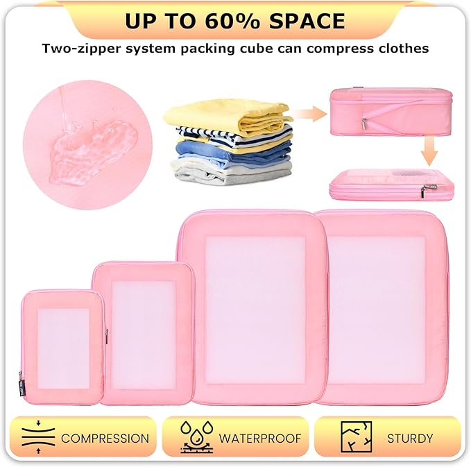 4 Set Ultralight Compression Packing Cubes Travel for Suitcases ，Compressible Mesh Packing Cubes for Travel Women Packing Organizers (Pink)