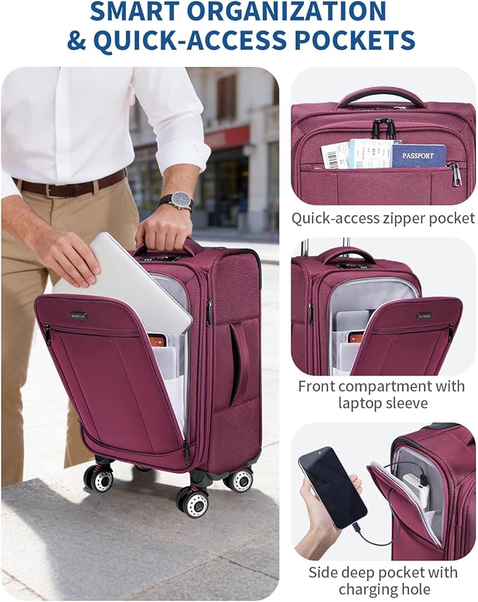 ECOHUB Carry On Luggage Airline Approved, 20 Inch Softside Carry On Suitcase with Spring Shock-Absorbing Spinner Wheels, Lightweight Travel Luggage with TSA Lock, 22x14x9 Carry-On Bag