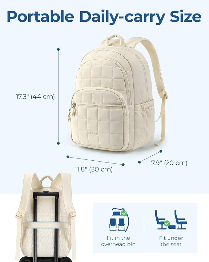 BAGSMART College Laptop Backpack, Travel Backpack for Women, Quilted Casual Daypack, Water-Resistant Bookbag for 15.6 Inch Laptop, Beige