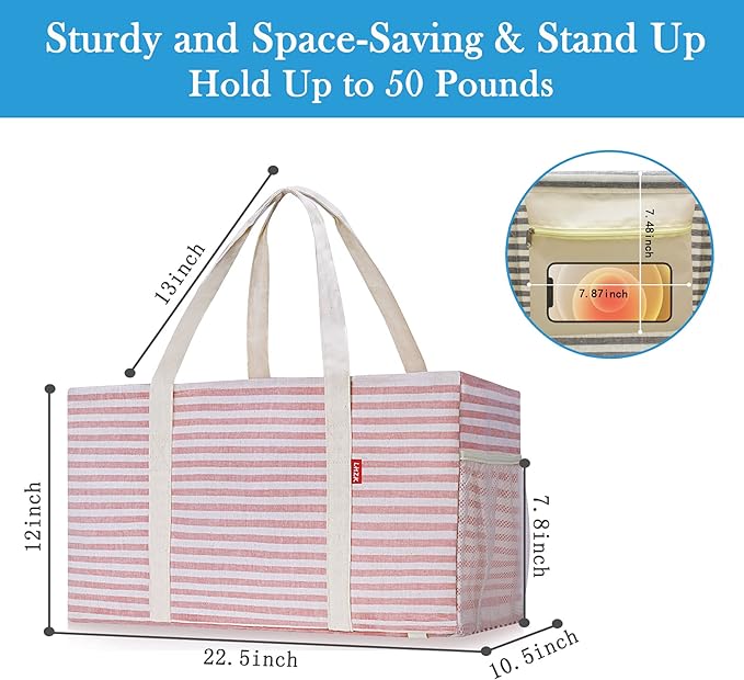 LHZK 2 Pack Extra Large Utility Tote Bag with Metal Wire Frame and the Sides Rinforced, Extra Large Tote Bag with Handle for Pool Beach Laundry Storage (Pink) | 22.5''x10.5''x12''