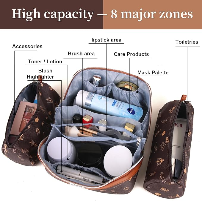 BOYATU Travel Makeup Bag Cosmetic Bags for Women: 3 Pcs Set Portable Make up Bag with Handle - PU Leather Toiletry Bags with Compartments - Makeup Organizer for Travel Essentials(L-1-Brown)