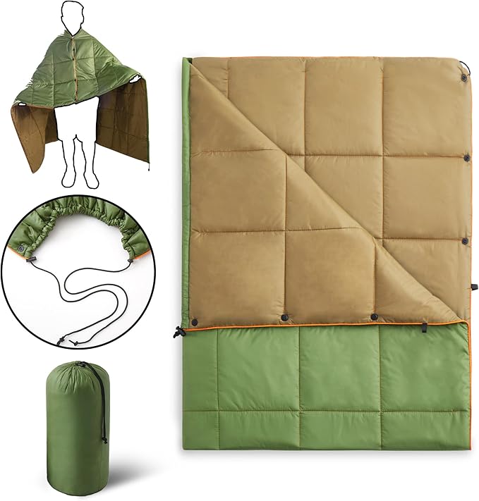 UNIKOME Waterproof Puffy Camping Blanket - Lightweight Packable Outdoor Quilt with Snaps & Corner Loops, Warm Compact Blanket for Cold Weather Hiking Picnic Stadium Travel, 75"×52", Army Green&Brown