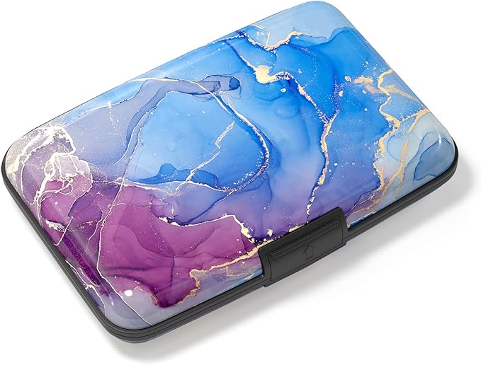 Credit Card Holder, Mini Aluminum Card Wallet RFID Blocking Slim Metal Hard Card Case for Women Men, Blue Purple Marble