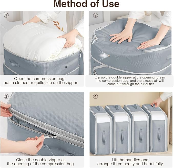 DIMJ Comforter Storage Bag - 110L Ultra Space Saving Self Compression Organize 4 Pack for Duvet, Pillow, Bedding, Blanket Storage Organizer Nylon Compression Bags