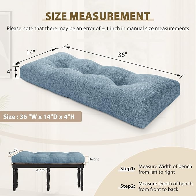 downluxe Indoor Bench Cushion for Indoor Furniture, Non-Slip Tufted Overstuffed Textured Foam Bench Seat Cushion, 36" X 14" X 4", Blue, 2 Pack