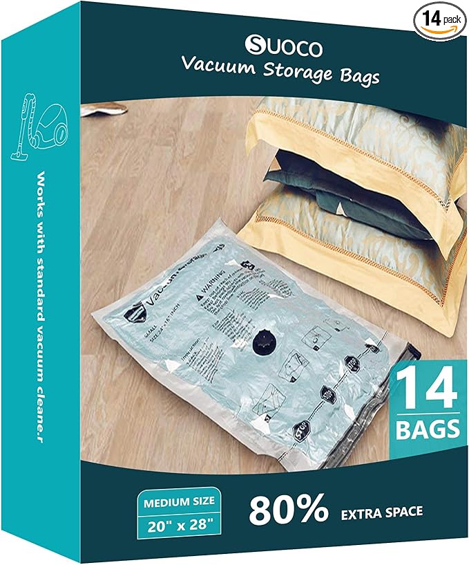 Vacuum Storage Bags, Compression Packing Space Saver Seal Bags for Clothing Bedding Comforters Blankets Pillows, 14 Medium