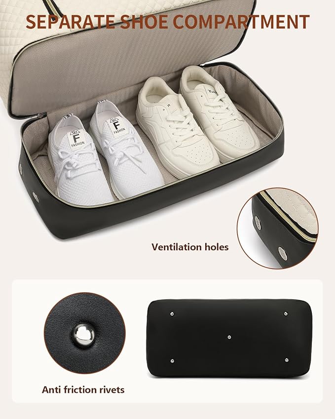 Duffle Bag for Women Travel, Weekender Bag Overnight Bag with Shoe Compartment, Carry on Bag with Crossbody Purse for Over Night, Weekend, Yoga, Gym, Business Trips, Hospital, White Black