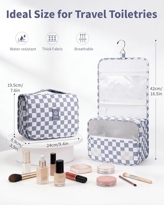 Narwey Small Hanging Travel Toiletry Bag for Traveling Women, Checkered Travel Bag for Toiletries, Makeup Bag Organizer Make Up Cosmetic Bags (Grayish Blue Checkerboard)
