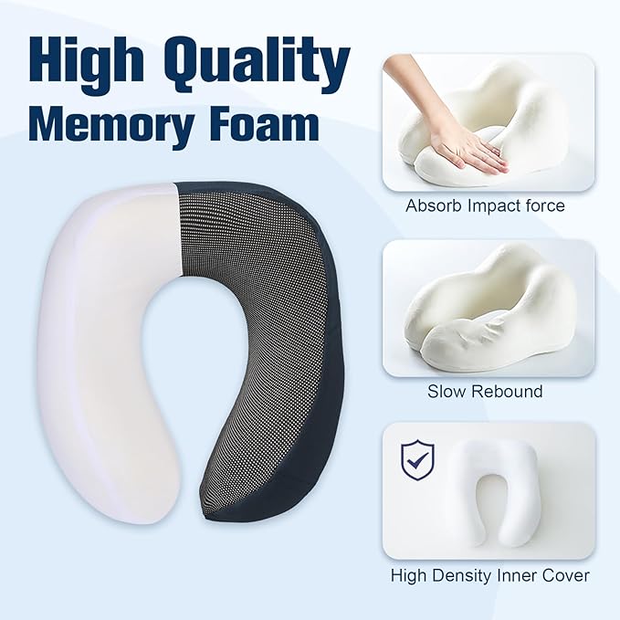 Neck Pillow for Traveling, Travel Pillows for Airplanes,100% Pure Memory Foam Travel Neck Pillow, Adjustable Flight Pillow, Portable Plane Accessories with Eye Mask, Earplugs, Carry Bag