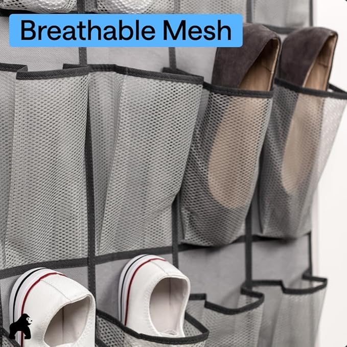 GORILLA GRIP Over the Door Shoe Organizer, 24 Large Breathable Mesh Pockets, Space Saving Hanging Storage Holder, Closet Rack Hanger Holds Up to 40 lbs, Hangs on Closets for Shoes, Accessories, Grey