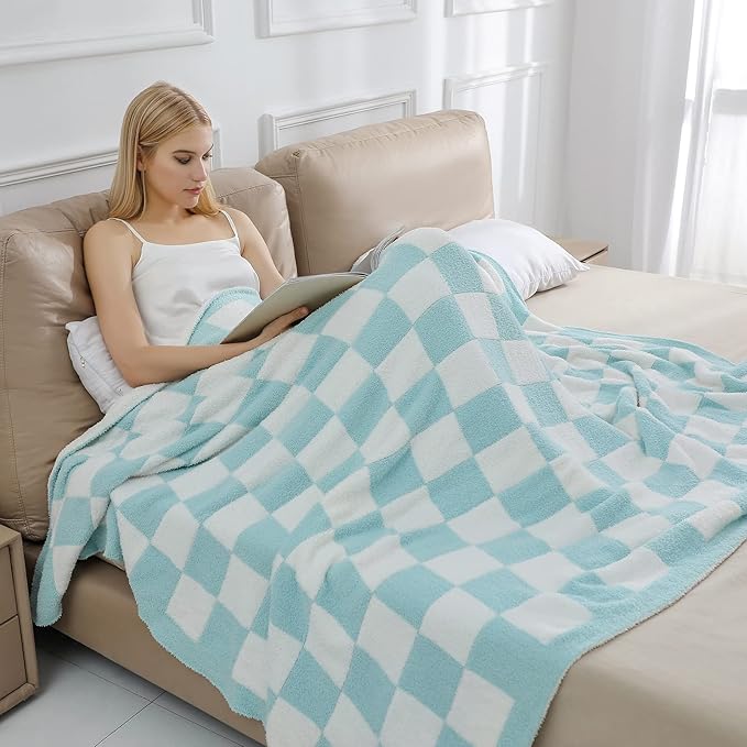 bearberry Fuzzy Checkerboard Grid Throw Blanket Soft Cozy Warm Microfiber Bed Blanket Decor for Couch Sofa Bed Travel Home (Baby Blue, 60''x80'')