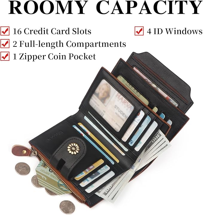 Leather Wallet Women,RFID Blocking Womens Wallet Bifold Compact Small Wallet for Women Card Holder with Zip Coin Pocket Brownblack