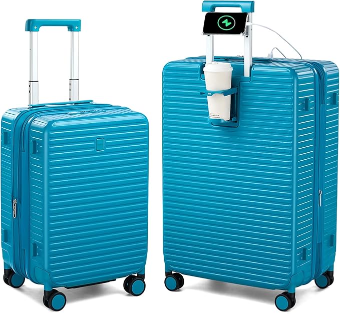 HanTrip Hard Shell Suitcases Expandable Travel Luggage Sets 2 Piece, Carry on and Check in Luggage Lightweight Suitcase Set 2 Piece with Wheels Cup Holder Charger Built in (Caribbean Blue, 20/28)