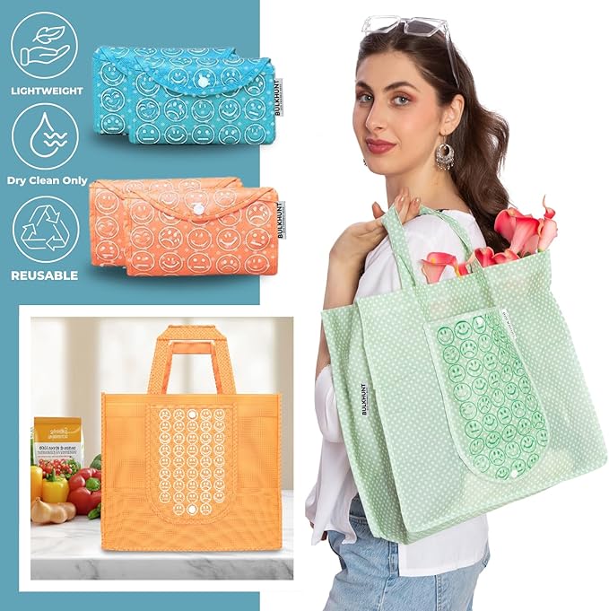 Bulkhunt 12 Pcs Foldable Shopping Bags Printed Bag with Handle for Grocery Vegetable Household Gift