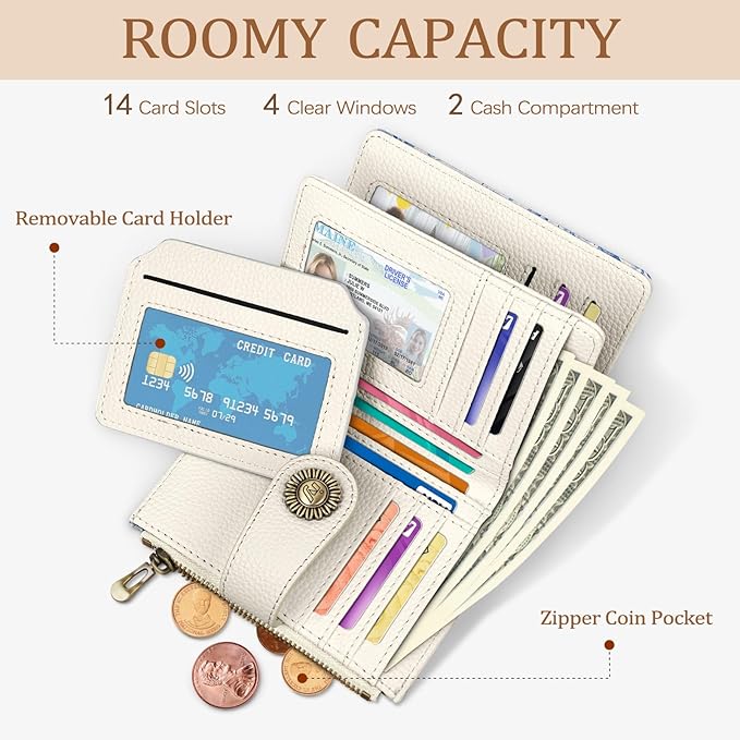 Icycay Floral Flowers Small Wallet Women RFID Blocking Bifold, Credit Card Holder, Zipper Coin Pocket, PU Leather, Compact, Travel, 4 ID Window, 14 Card Slots, Cash Purse, Ladies Woman Female Girls