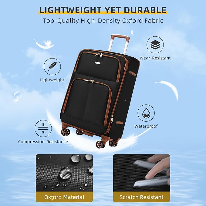 LARVENDER Luggage Sets 5 Piece Softside Expandable Suitcases Set with Spinner Wheels TSA Lock, Lightweight Soft Shell Rolling Travel Luggage Set Clearance for Men and Women, Black Brown