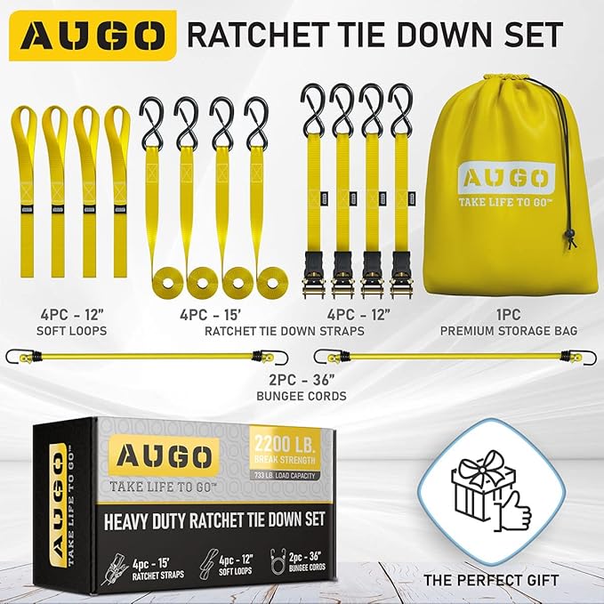 AUGO Ratchet Straps Heavy Duty 4 Pack -15 FT - 2200 LB Break Strength – Ratchet Tie Down Straps with Safety Lock S Hooks - Cargo Straps for Moving, Appliances, Motorcycle – Soft Loop Tie Down Straps