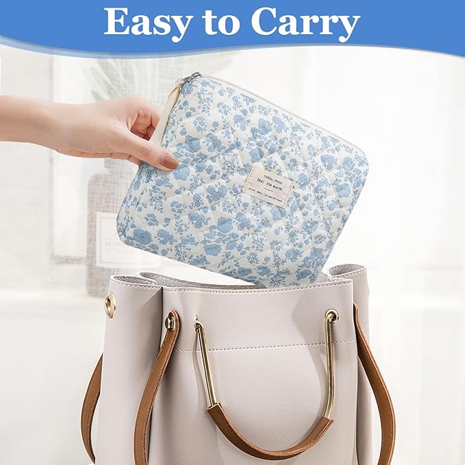 Large Makeup Bag, Cute Cosmetic Bag for Women Girls, Floral Coquette Aesthetic Toiletry Bag, Travel Make Up Organizer Bag(Blue Floral)