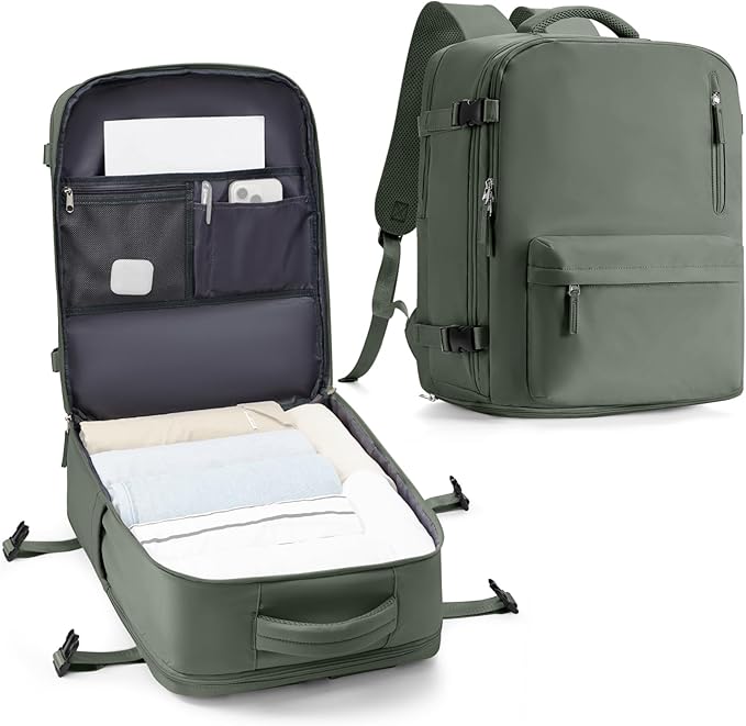 VECAVE Travel Backpack for Women, Airline Flight Approved Carry On Backpacks Waterproof 14 Inch Laptop Backpack with Shoe Compartment Casual Daypack Green