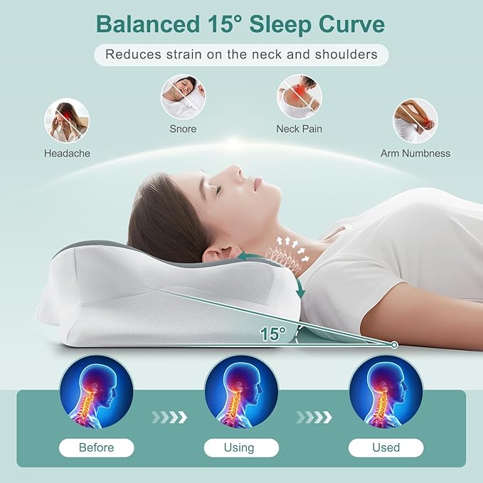 DONAMA Cervical Neck Pillow- Ergonomic Pillows for Pain Relief, Contour Memory Foam Pillow for Side/Back/Stomach Sleepers, CertiPUR-US Certified with Cooling Ice Silk Pillowcase